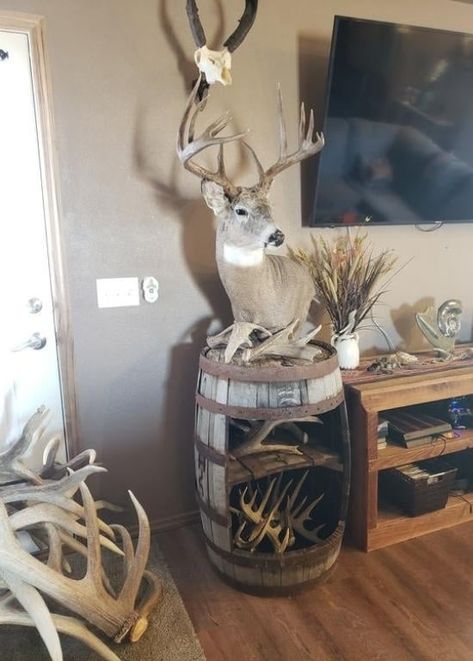 Whiskey Barrel Deer Mount, Pedestal Deer Mount, Deer Mounts In Living Room, Deer Pedestal, Hunting Room Design, Deer Shoulder Mount, Hunting Room Decor, Deer Mount Decor, Gengar Tattoo