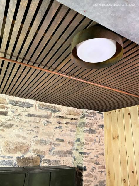 Basement Bathroom Decor, Cloth Ceiling, Easy Basement Ceiling, Slat Ceiling, Wood Slat Ceiling, Basement Ceilings, Bathroom Remodel Plans, Plywood Ceiling, Floating Ceiling