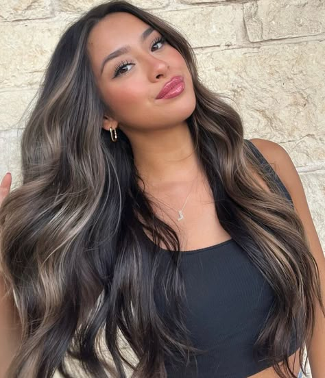 Virgin Black Hair Balayage, Dark Black Hair Highlights, Dark Brown And Black Balayage, Caramel Black Hair, Black With Dimension Hair, Highlights For Black Brown Hair, Cool Mocha Hair, Dark Hair On Tan Skin, Dark Hair Balayage With Money Piece