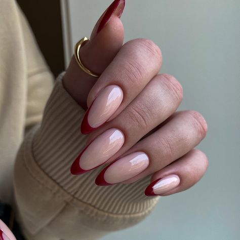 French Red Nails Ideas, Red Nail French Tips, Red France Nails, French Nails 2024, Red French Tip Nails Almond, French Red Nails, Colored French Manicure, Burgundy French Tip, French Nails Red