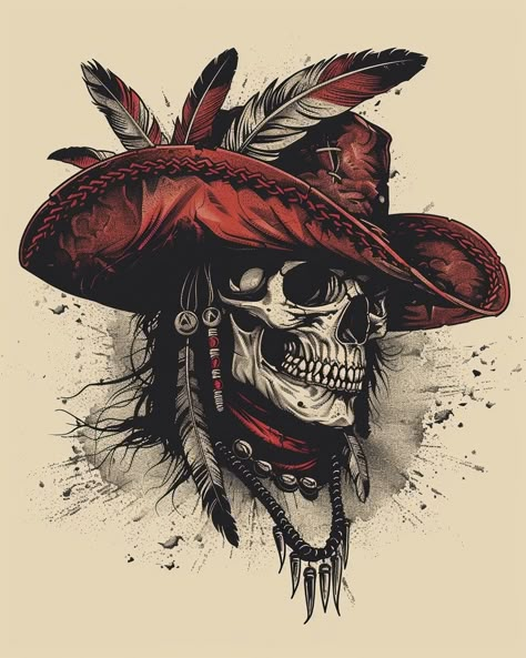 Cowgirl Skull Tattoo, Gunslinger Tattoo, Skull With Cowboy Hat, Native American Tattoo Art, Dark Cowboy, Bull Skull Tattoo, Western Skeleton, Western Images, Skull Artwork Illustrations