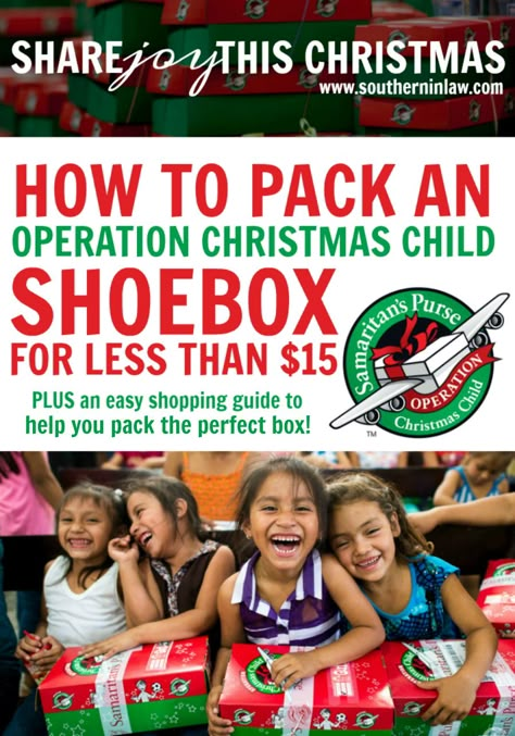 Learn How to Pack an Operation Christmas Child Shoebox for Less than $15 and get our easy shopping guide to help you pack the perfect gift box. Perfect for packing parties, this list will give you plenty of ideas and show you how everyone can share joy this Christmas - regardless of budget! Show Box Gift Ideas, Shoebox Gift Ideas, Show Box Ideas, Shoebox Christmas Ideas, Shoe Box Christmas Project, Samaritans Purse Shoebox Ideas, Shoe Box Ideas Samaritan's Purse, Christmas Shoebox Ideas Samaritan's Purse, Operation Shoebox Ideas Samaritan's Purse