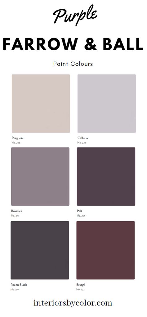 Farrow & Ball Purple Paint Colours - Interiors By Color Deep Purple Dining Room, Purple Taupe Paint Colors, Farrow Ball Brinjal, Farrow And Ball Purple Paint Colors, Amethyst Paint Color, Plum Living Room Ideas Colour Palettes, Farrow And Ball 2023 Color Trends, Plum Hallway, Dusty Purple Walls