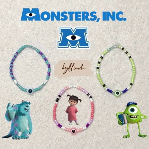 Monster Inc Bracelet, Disney Inspired Bracelets Diy, Disney Inspired Clay Bead Bracelet, Bracelet Ideas Disney, Disney Bracelet Ideas, Inspired Bracelets, Diy Kandi Bracelets, Pony Bead Bracelets, Clay Bead Necklace