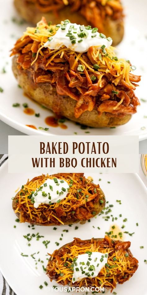 Bbq Chicken Baked Potato, Chicken Baked Potato, Bbq Baked Potatoes, Baked Potato Dinner, Baked Potato Toppings, Chicken Potato Bake, Baked Potato Bar, Shredded Bbq Chicken, Slow Cooker Bbq Chicken