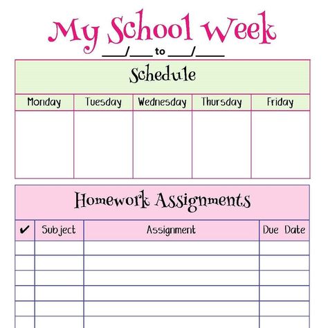 My School Week Homework Planner Printable Designed for elementary-age students, this printable planner will help your little one keep up with assignments and daily activities. With spaces big enough for little hands to write in, and sized just right to slip in a classroom folder or bind into a handy book, this planner will empower your child to feel more responsible and independent. #plannerbabe #planneraddict #planwithme #planner Assignment Notebook, Homework Planner Printable, School Planner Template, Study Planner Free, College Help, Student Weekly Planner, Homework Planner, Study Planner Printable, Student Planner Printable