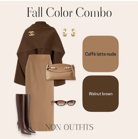 Chocolate Brown And Beige Outfit, Camel Color Combinations, Chocolate Brown Dress Outfit, Old Money Color Palette, Camel Color Outfits, Modest Winter Outfits, Chocolate Brown Dress, Capsule Wardrobe Casual, Coffee Outfit