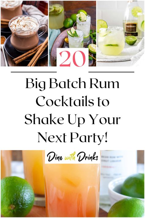 Collage of 4 big batch rum cocktails. Rum Pitcher Cocktails, Big Batch Mexican Cocktails, Mixed Drink For Large Group, Rum Mixed Drinks Recipes, Big Batch Cocktails Wedding, Rum Cocktails For A Crowd, Large Batch Rum Punch Recipes, Summer Party Cocktails Big Batch, Big Batch Rum Cocktails