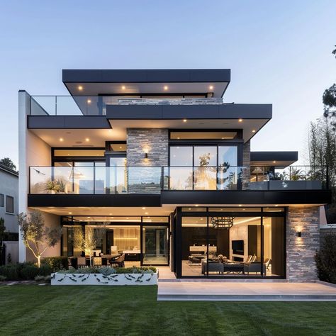 Full Window Design, Modern Houses Aesthetic, Fancy Modern House, Modern White House Exterior, Luxuries House, Modern Estate Homes, Glass House Design Modern, Luxury Homes Dream Houses Exterior, Sims Newcrest