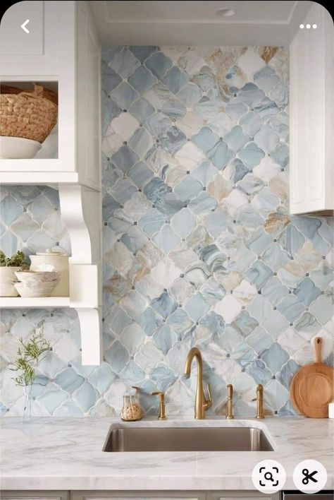 Beach Backsplash Ideas, White Blue And Gold Kitchen, Beach House Inspo Coastal Style, Beach Kitchen Aesthetic, Beach House Aesthetic Kitchen, Beachy Backsplash Kitchen, Blue Accent Tile Shower Wall, Beach Backsplash Kitchen, Subtle Coastal Decor