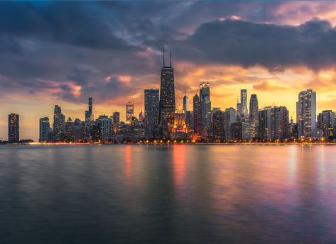 I was treated with some gorgeous color while photographing the Chicago skyline. It was slightly windy, so i used a 6 stop neutral density filter to smooth the water out. #fstoppers Chicago Skyline Wallpaper, Chicago Background, City Widgets, City Skyline Aesthetic, Kyle Crane, Project Themes, Chicago Skyline Art, Chicago City Skyline, Midnight Society