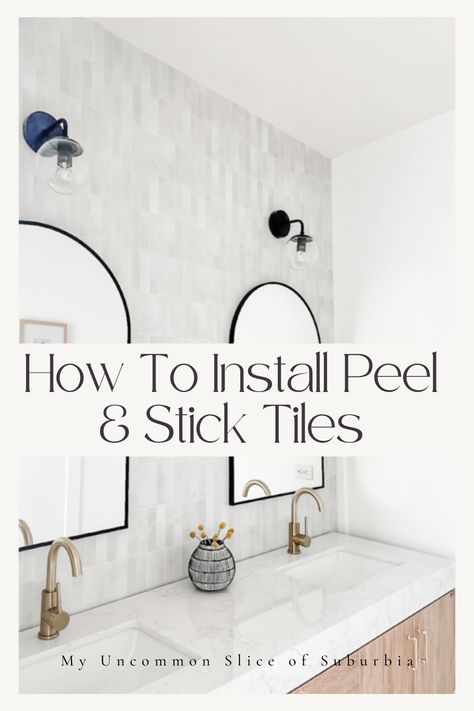 Learn the step-by-step guide on how to effortlessly install peel-and-stick tiles on your walls. Transform your space with our easy DIY instructions for a stunning, hassle-free home improvement project.#DIY#DIYHomeDecor #PeelAndStickTile #WallTiles Updating Bathroom Vanity, Bathroom Ideas Eclectic, Stick On Tiles Bathroom, Eclectic Bathroom Decor, Tiles For Bathroom Walls, Stick On Wall Tiles, Bathroom Tile Diy, Bathroom Makeover Ideas, Self Adhesive Wall Tiles