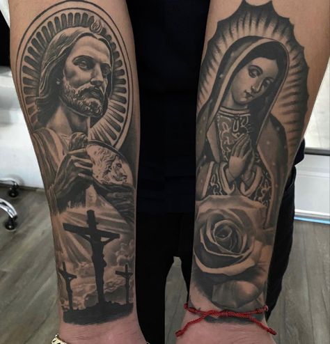 Virgencita Tattoo Men, Forearm Tattoo Sleeve Stencil, Virgen Mary Tattoo For Women Sleeve, Tattoo Ideas Virgin Mary, Our Lady Guadalupe Tattoo, Tattoo Ideas San Judas, Virgin Mary And San Judas Tattoo, San Judas And Virgen Tattoo, Rosary Forearm Tattoo