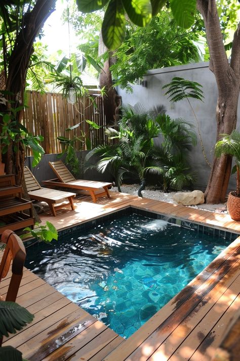 Very Small Pool Ideas, Pool In The Garden, Tiny Home Backyard Ideas, Small Pool In Garden, Little Pools Backyard, Small Built In Pool, Small Patio Pool Ideas, Garden Pool Backyard, Small Villa With Pool Floor Plan