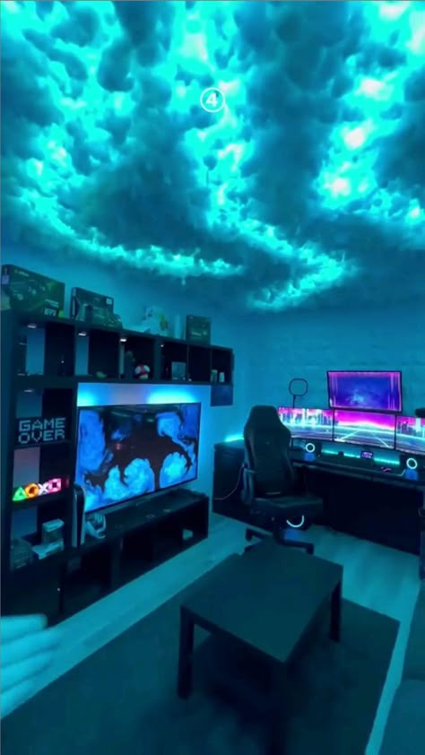 Beautiful Roomdesign, this modern gaming room wakes up when the clouds lights up #gaming#roomdes… | Video game room design, Game room design, Games room inspiration Games Room Inspiration, Cloud Ceiling, Boys Game Room, Gaming Bedroom, Gaming Room Ideas, Game Setup, Led Lighting Bedroom, Video Game Room Design, Neon Room