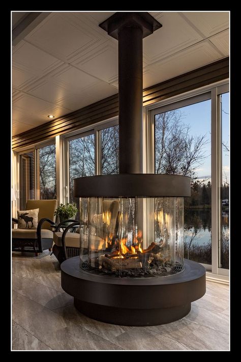 The #fireplace you always wanted for your second home in the woods - the 360 Curve from Ortal. #livingroom #interiordesign #luxuryfireplace 360 Fireplace, Indoor Wood Burning Fireplace, Decorative Hood, Curved Fireplace, Luxury Fireplace, Home In The Woods, Natural Gas Fireplace, Indoor Outdoor Fireplaces, Gas Fireplaces