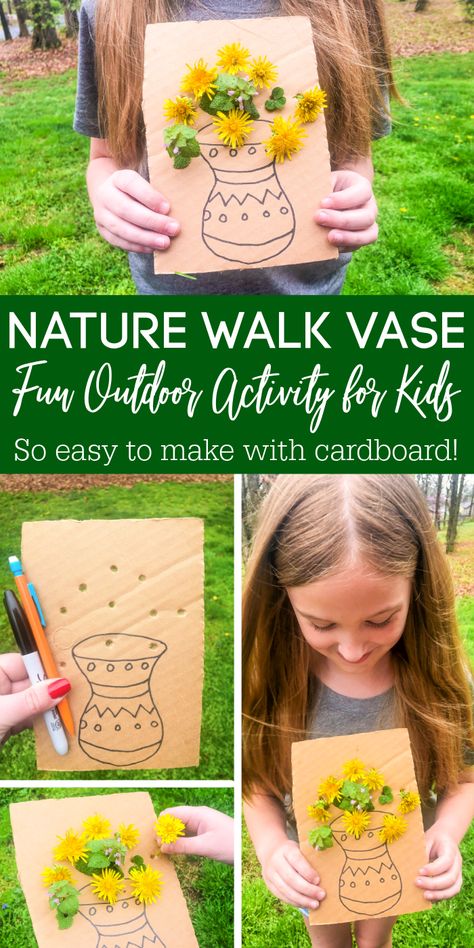 Nature Walk Cardboard Vase Activity that is so fun and easy to make with your kids. If you have cardboard on hand, this diy is free to make. #passion4savings #diy #activity #cardboard #nature #hike #naturewalk #fun #summer #spring #flowers #dandelions Nature Walk Cardboard Vase, Cardboard Dandelion Vase, Spring Camp Activities, Dandelion Cardboard Craft, Spring Diy For Kids, Children Summer Activities, Cardboard Flower Vase Nature Walk, Spring Kid Activities, Cardboard Nature Crafts