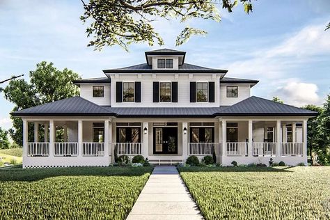 Country Home Plan with Wraparound Porch and Side-Load Garage Black Shutters, Southern House, Southern House Plans, Casas Coloniales, Brick Exterior House, Plans Modern, Custom House, Modern Farmhouse Plans, Mediterranean Homes