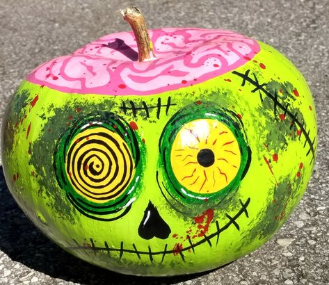 Creative Painting Pumpkin Ideas, Painted Zombie Pumpkin, Pumpkin Painting Ideas Zombie, Pumpkin Zombie Painting, Zombie Pumpkin Painting Ideas, Scary Punkin Painting, Zombie Painted Pumpkin, Painted Pumpkins Halloween Contest, Pumpkin Faces Ideas Painted