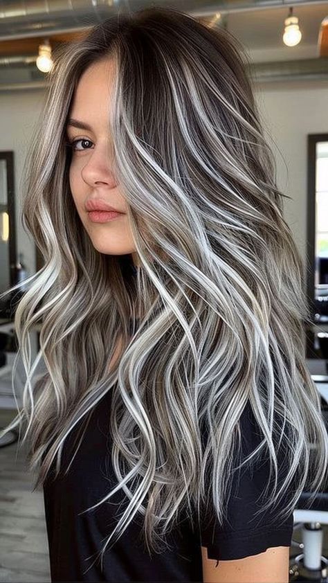 Long Hairstyles Highlights, Blond Grey Balayage, Very Dark Hair With Highlights, Dark And Platinum Hair, Striking Hair Color Highlights, Dark Hair Ideas With Highlights, Hair Color Ideas For Blondes Highlights, Blond Hair With Black Highlights, Dark Hair Platinum Highlights