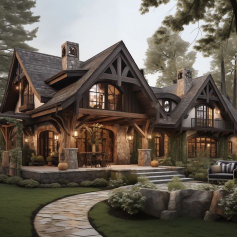 Stone House Exterior Rustic, Cozy Stone House, Rustic Modern Cabin Exterior, Single Story Home Design, Dark Rustic House Exterior, Medium Home Exterior, Modern Rustic House Design Exterior, Mountain Exterior Homes, Bavarian Style Home