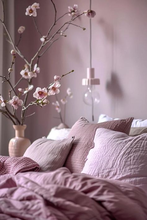 Mauve Bedroom Ideas: Tranquil &amp; Chic Makeovers Dusty Lilac Bedroom, Mauve Boho Bedroom, Mauve Girls Bedroom, Mauve Bedroom Color Scheme, Mauve Bedroom Ideas, Romantic Purple Bedroom, Mauve Bedroom, Lilac Bedroom, Mauve Walls