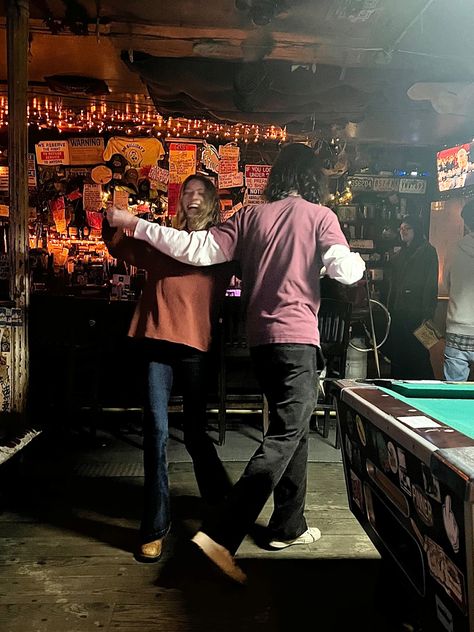 Dancing In Refrigerator Light, Couples Party Aesthetic, Dancing In A Bar Aesthetic, Dancing In The Living Room Aesthetic, New York Dive Bar, Square Dancing Aesthetic, Downtown Bar Aesthetic, Bar Scene Aesthetic, Bar Photoshoot Ideas Friends