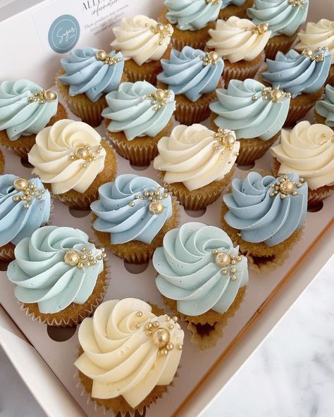 Sky Blue Cupcakes, Pale Blue Cupcakes, Blue Mini Cupcakes, Something Blue Bridal Shower Cupcakes, Gender Reveal Cake And Cupcake Ideas, Blue Gold Cupcakes, Blue Bridal Shower Cupcakes, Blue Cupcake Designs, Cupcake Cute Design