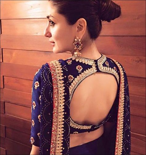 Stunning kareena Kapoor Khan in Sabyasachi Mukherjee Outfit | KeyHole blouse | Sexy backless blouse | Royal blue blouse with golden embroidery | trending new blouse back designs | Indian bridal trousseau | Saree blouses | Celebrity |  #wittyvows #bridal #indianbride #blouses #bridetobe #fashion #couture #bridesmaids #bridalfashion #asianbride #bride #trousseau #style #trending #saree #kareenkapoor #celebrity ब्लाउज बैक नेक डिजाइन, Blouse Designs Catalogue, Latest Blouse Designs Pattern, Backless Blouse Designs, Lehenga Blouse Designs, Blouse Back Neck Designs, Sari Blouse Designs, Blouse Designs Indian, Back Neck Designs