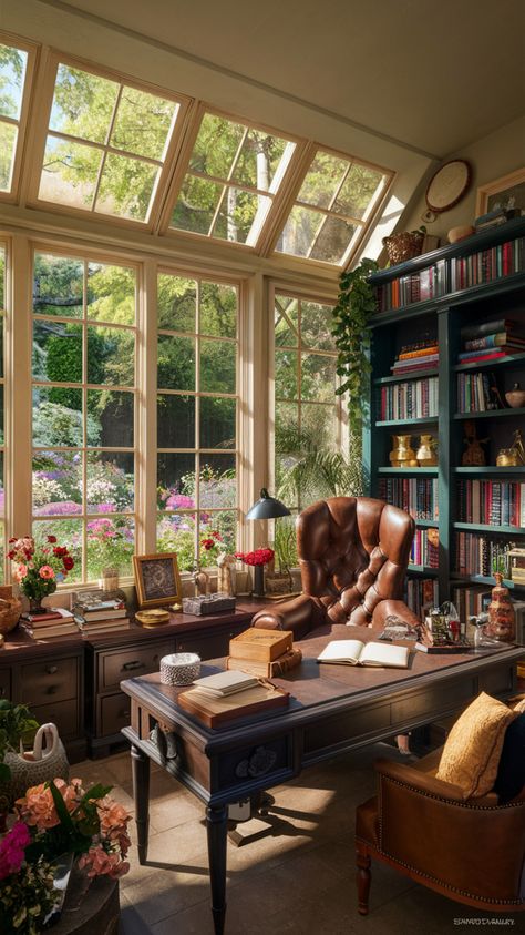 Transform your sunroom into a cozy home office with abundant natural light! Incorporate cozy room decor and elegant office furniture to create a workspace that inspires productivity. Add lush greenery for a touch of nature. #sunroom #homeofficedecor #officecolors #decoration #homedécor #officeorganization #naturalight #cozyhomeoffice #homeofficeideas #officeinspo Whimsigoth Office Space, Cozy House Office, Cottage Study Room, Home Office Academia, Cozy Cottage Office, Office In Nature, Sunroom Layout Ideas, Home Office Cottagecore, Sunroom Library Ideas