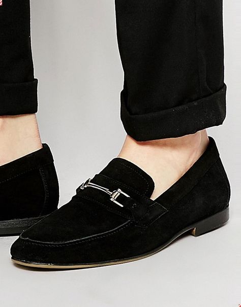 ASOS Loafers in Black Suede With Snaffle Suede Loafers Outfit, Loafers Outfit Summer, Dress Shoes Men Loafers, Asos Loafers, Black Loafers Men, Suede Shoes Men, Loafers Outfit, Men's Wedding Shoes, Mens Slip On Shoes