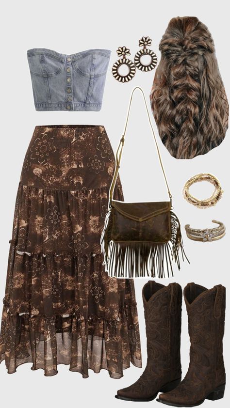 Brown floral maxi skirt, denim vest top, brown fringe crossbody bag, western earrings, brown cowgirl boots, braided hairstyle Fringe Skirt Outfit, Denim Vest Top, Maxi Skirt Denim, Boho Style Summer, Summer Country Concert Outfit, Country Chic Outfits, Brown Cowgirl Boots, Summer Country, Brown Fringe