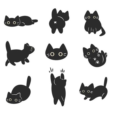 Cat Poses Illustration, Cartoon Cat Side View, Sleepy Cat Illustration, Black Cat Illustration Cute, Cats Illustration Drawing, Cute Black Cat Drawing, Cat Poses Drawing, Cat Stylized, Cat Drawing Illustration