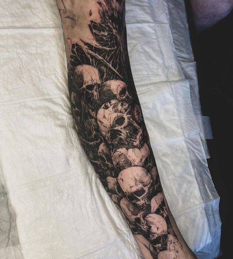 Tattoo Sleeve Women Skull, Memento Mori Tattoo Sleeve, Alt Forearm Tattoos, Dark Art Tattoo Ideas Sleeve, Skull On Shoulder Tattoo, Graveyard Sleeve Tattoo, Sleeve To Hand Tattoo, Goth Half Sleeve Tattoo, Gothic Male Tattoos