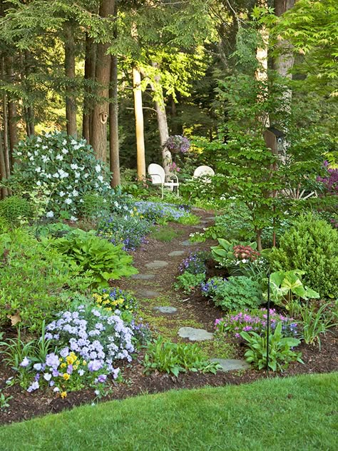 Wooded Backyard Landscape, Backyard Seating Ideas, Front Yard Flowers, Shade Garden Design, Woodland Gardens, Backyard Seating, Shade Gardens, Seating Ideas, Garden Wallpaper