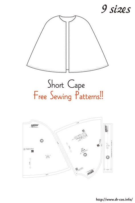 This is the pattern of a Short Cape.  cm size(A4 size) Children's-100,120,140/Ladies'-S,M,L,LL/Men's-L,LL Womens Cape Pattern, Short Poncho Cape, Cape Short Sewing Patterns, Cape Short Pattern, Free Capelet Pattern, Fleece Cape Diy, Short Cloak Pattern, Short Capes For Dresses, Simple Cape Pattern