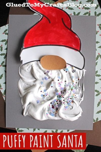 Puffy Paint Santa Gnome Craft Idea For Kids - Glued To My Crafts Prek Ornaments Craft For Kids, Easy Grinch Crafts For Preschool, Christmas Theme Preschool Crafts, Christmas Art Work For Toddlers, Easy Preschool Holiday Crafts, Qtip Christmas Painting, Puffy Paint Santa Craft, Holiday Art Projects For Toddlers, Jesus In The Manger Craft For Kids