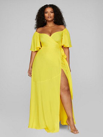 Plus Size Athena Off The Shoulder Wrap Maxi Dress | Fashion To Figure | FTF Tropical Cocktail Party, Cocktail Party Fashion, Short Curvy, Fancy Event, Shade Of Yellow, Beach Wedding Guest Dress, Figure Dress, Yellow Maxi Dress, Spring Maxi Dress