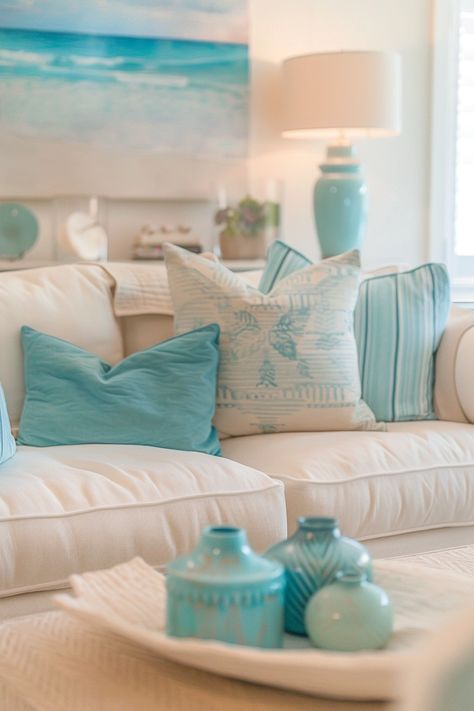 Soothing Coastal Living Rooms: Decor Tips & Ideas Seaside Living Room Ideas, Interior Beach House Colors, Ocean Theme Living Room, Coastal Eclectic Decor, Florida Decorating Ideas Interiors, Beach Themed Living Room Ideas, California Coastal Living Room, Beach Themed Living Room, Aqua Living Room