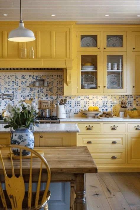 Yellow Kitchen Tile, Butter Yellow Kitchen Cabinets, Pale Yellow Kitchen Walls, Yellow Kitchen Backsplash, Light Yellow Kitchen, Kitchen Ideas Yellow, Yellow Blue Kitchen, Yellow Kitchen Tiles, Pale Yellow Kitchens