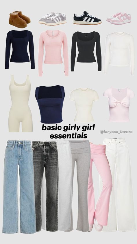 girly girl basic wardrobe essentials, wardrobe capsule girly girl Basic Clothes Every Girl Should Have, It Girl Wardrobe, Basic Outfit With Accessories, Basic Outfit Essentials, Clothes Every Girl Should Have, Basic Girl Essentials, Cute Everyday Outfits Girly, Basic Essentials, Ideas For Clothes