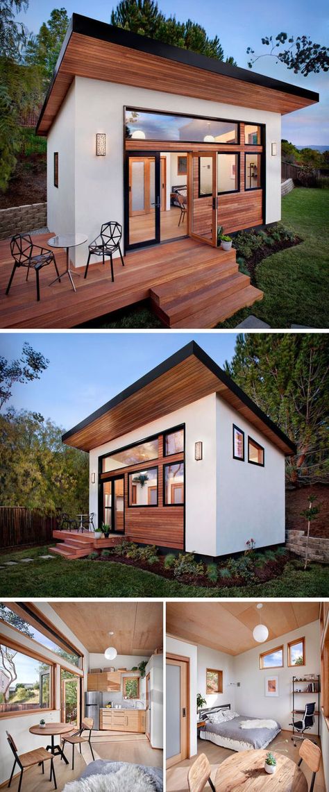 This small guest house was prefabricated before being put together in the backyard of this home and features a kitchen, bathroom, dining spot, sleeping area, and desk space. Backyard Guest Houses, Backyard Cottage, Backyard House, Backyard Studio, Backyard Office, A Small House, Tiny Home Ideas, Backyard Sheds, Guest Houses