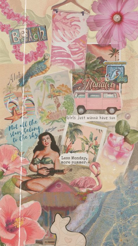 Tropical, but make it vintage🌸 #hawaii #tropical #vacation #summer #wallpaper #pink Hawaii Aesthetic Vintage, Hawaiian Wallpaper Iphone, Vintage Beach Wallpaper, Vintage Tropical Aesthetic, Summer Wallpaper Pink, Hawaii Collage, Hawaiian Aesthetic, Hawaii Wallpaper, Pink Hawaii