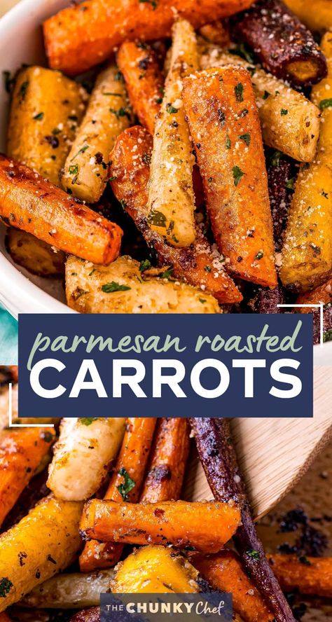 This classic Roasted Carrots recipe combines crisp fresh carrots, seasonings, garlic and Parmesan cheese, and bakes them until tender with lightly caramelized edges!  Savory with a natural sweetness from the carrots, it's the perfect side dish for the holidays or family dinner! #carrots #sidedish #vegetables #roasted #Parmesan #holiday #thanksgiving #easyrecipe #roastedveggies Seasoned Carrots Side Dishes, Roasted Carrots Salad, Roasted Carrots With Parmesan Cheese, Holiday Vegetables Recipes, Vegetable Dish For Thanksgiving, Roasted Carrots Savory, Carrot Seasoning, Fresh Carrot Recipes, Thanksgiving Carrot Recipes