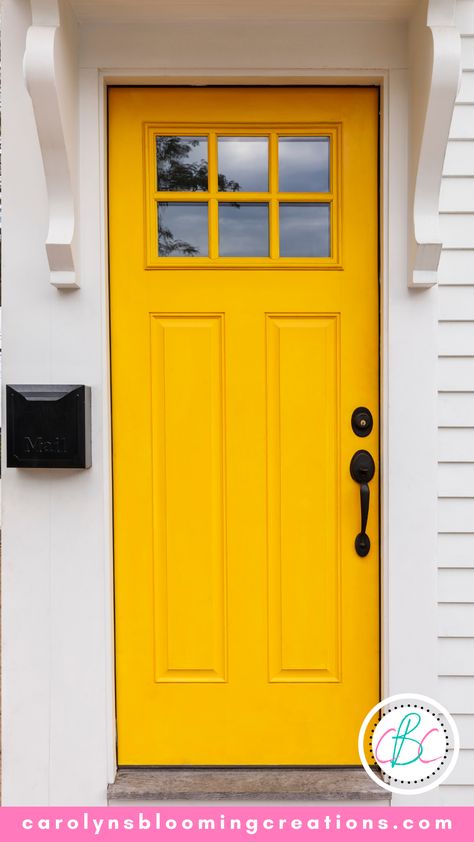 Yellow French Doors, Yellow Doors Inside, White House Yellow Door, Yellow Door Exterior, Brick Ranch Exterior, Yellow Front Door, Front Doors Uk, Evergreen House, Townhouse Ideas