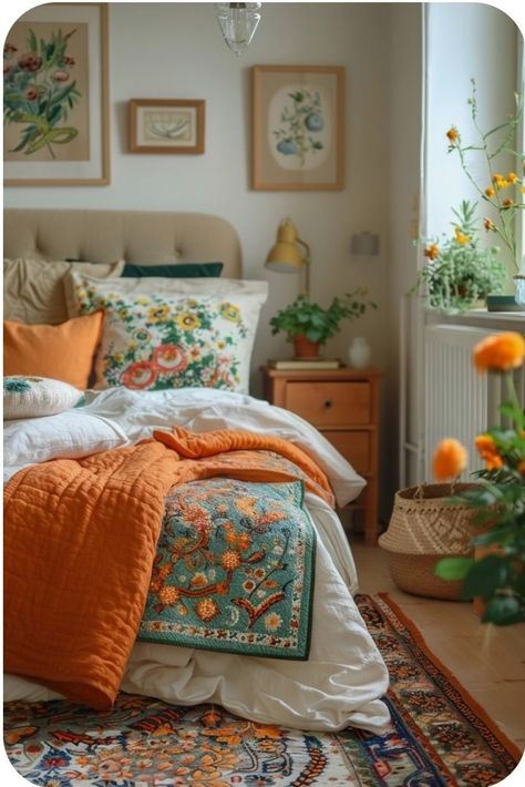 Boho Room Decor Bedroom, Boho Bedroom Colourful, Colorful Boho Decor Bedroom, Fun Guest Room Ideas, Colorful Cozy Bedroom, Orange Themed Bedroom, Cozy Bright Bedroom, Colourful Boho Bedroom, Boho Colorful Bedroom