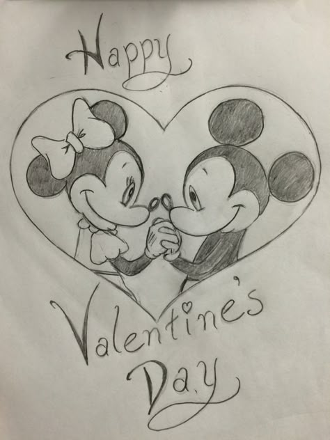 Happy Valentines Day Valentine Drawing, Valentines Day Drawing, Easy Love Drawings, Love Drawings, Mickey And Minnie, Pencil Art, Art Drawings Sketches, Pencil Drawings, Easy Drawings