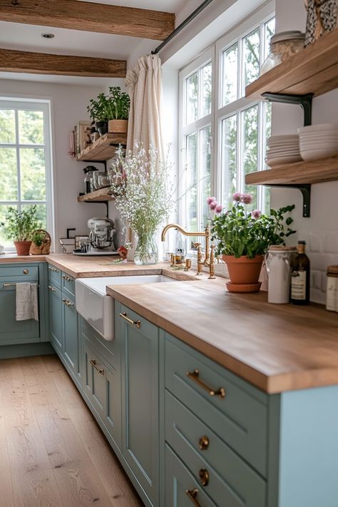 Light Blue Kitchen Cabinets Farmhouse, Blue Green Kitchen Cabinets, Green Blue Kitchen, Coastal Kitchen Cabinets, Blue Green Kitchen, Light Blue Kitchens, Blue Kitchen Cabinets, Green Kitchen Cabinets, Blue Cabinets