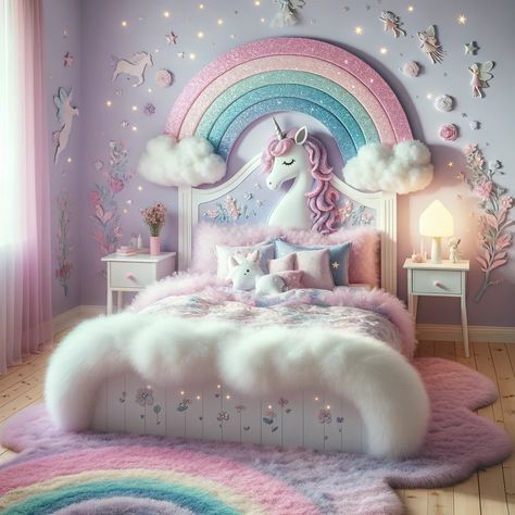 Modern Unicorn Bedroom, Unicorn Room Ideas Bedrooms, Unicorn Room Decor Kids Girls Bedroom, Unicorn Bedroom Ideas Kid Rooms, Unicorn And Rainbow Bedroom, Rainbow Bedroom Ideas Kids, Unicorn Bedroom Ideas, Unicorn Themed Bedroom, Pastel Girls Room