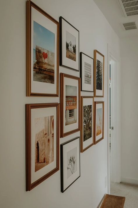 Gallery Wall Vertical And Horizontal, Mixed Wood Gallery Wall, Hallway Gallery Wall Family Photos, Gallery Wall With Color Photos, Modern Family Gallery Wall, Office Wall Gallery Ideas, Walnut Frame Gallery Wall, Full Wall Photo Gallery, Simple Family Photo Wall